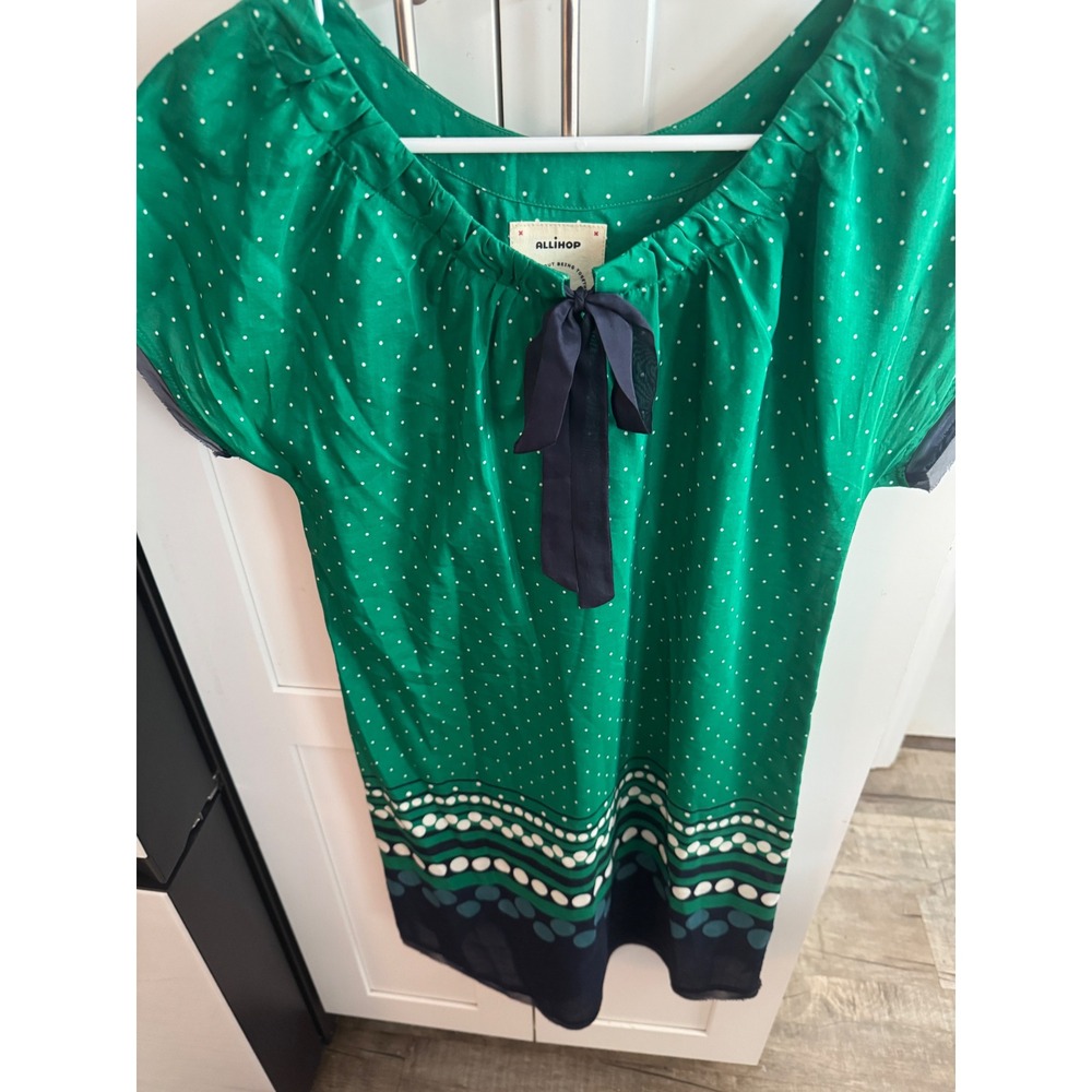 Anthropologie Allihop Green Polka Dot Border Print Shift Dress Navy‎ Tie Neck XS